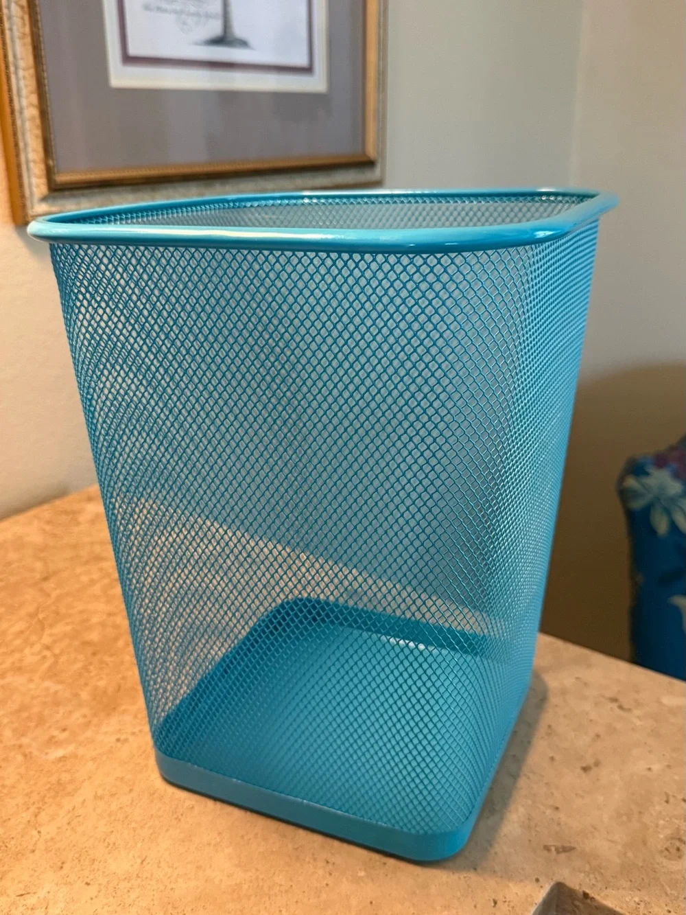 Bright Turquoise Blue Square Metal Mesh Trash Can Wastebasket